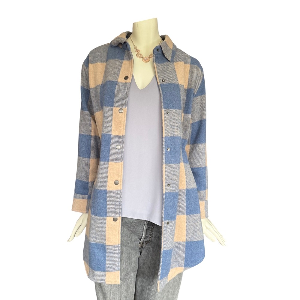 Design Lab Lord + Taylor Shacket Blue Beige Check Plaid Shirt Jacket Cabincore M